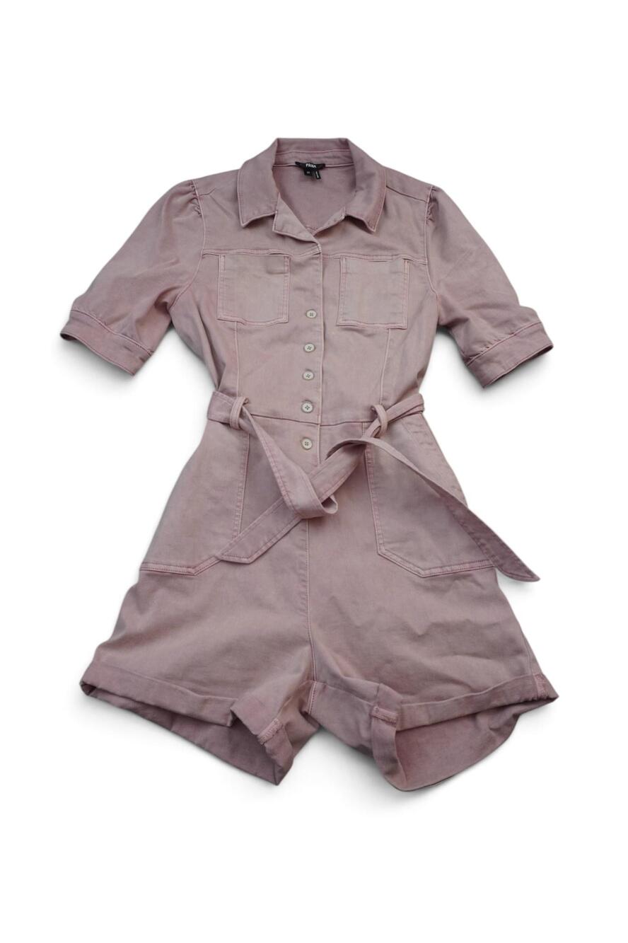 Paige Romper Womens 10 Pink Denim Half Sleeve Belted Button Front